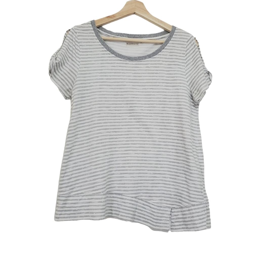 ThreeHearts | Twist Cold Shoulder Striped Asymmetrical Tee